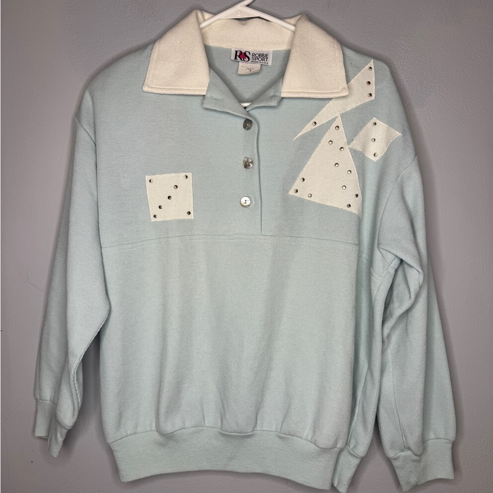 Robbie Sport Vintage Women's Light Blue Sweater with White Accents Size Medium